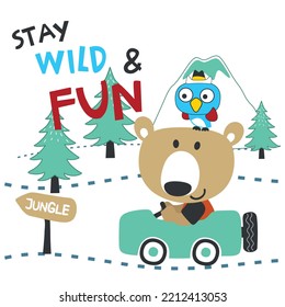 Vector illustration of funy bear driving the green car. Funny background cartoon style for kids. Little adventure with animals on the road for nursery design, cartoon tshirt art design.