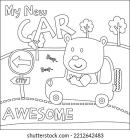 Ilustración vectorial del oso cómico conduciendo el auto blanco. Diseño infantil para niños animan libros o páginas coloreadas.
