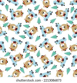 Ilustración vectorial del oso cómico conduciendo el coche verde. Se puede usar para imprimir camisetas, fondo infantil vectorial creativo para tela textil, papel tapiz vivero y otra decoración.