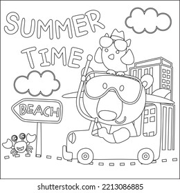 Vector illustration of funy bear driving the white car. Childish design for kids activity colouring book or page.