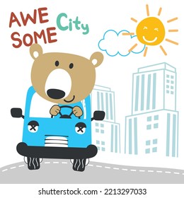 Vector illustration of funy bear driving the green car. Funny background cartoon style for kids. Little adventure with animals on the road for nursery design, cartoon tshirt art design.