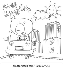 Vector illustration of funy bear driving the white car. Childish design for kids activity colouring book or page.