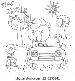 Ilustración vectorial del oso cómico conduciendo el auto blanco. Diseño infantil para niños animan libros o páginas coloreadas.