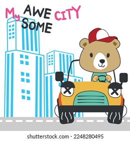 Vector illustration of funy bear driving the red car. Funny background cartoon style for kids. Little adventure with animals on the road for nursery design, cartoon tshirt art design.