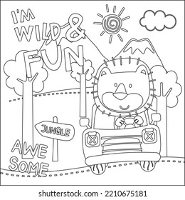 Vector illustration of funy lion driving the white car. Childish design for kids activity colouring book or page.