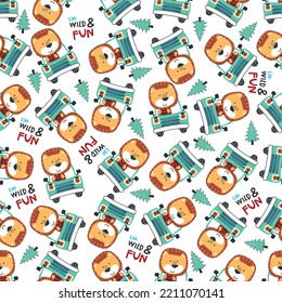 Vector illustration of funy lion driving the green car. Can be used for t-shirt print, Creative vector childish background for fabric textile, nursery wallpaper and other decoration.