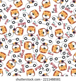 Vector illustration of funy lion driving the white car. Can be used for t-shirt print, Creative vector childish background for fabric textile, nursery wallpaper and other decoration.