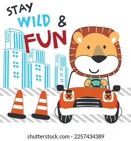 Vector illustration of funy lion driving the blue car. Funny background cartoon style for kids. Little adventure with animals on the road for nursery design, cartoon tshirt art design.