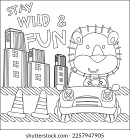 Vector illustration of funy lion driving the white car. Childish design for kids activity colouring book or page.
