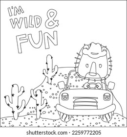Ilustración vectorial de un león divertido conduciendo el auto blanco. Diseño infantil para niños animan libros o páginas coloreadas.