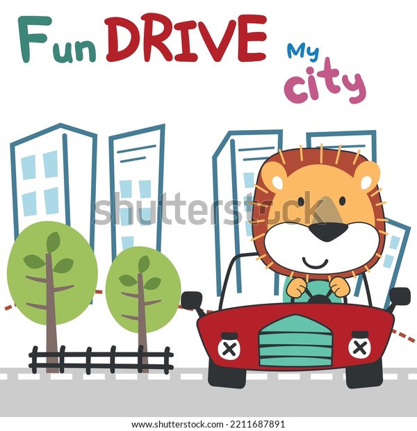 Vector\
illustration of funy lion driving the red car. Funny background\
cartoon style for kids. Little adventure with animals on the road\
for nursery design, cartoon tshirt art\
design.