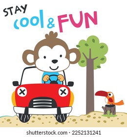 Vector illustration of funy monkey driving the red car. Funny background cartoon style for kids. Little adventure with animals on the road for nursery design, cartoon tshirt art design.