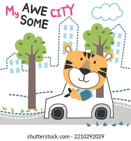 Vector illustration of funy tiger driving the white car. Funny background cartoon style for kids. Little adventure with animals on the road for nursery design, cartoon tshirt art design.