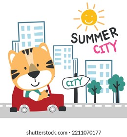 Ilustración vectorial del tigre divertido que conduce el coche rojo. Divertido estilo de dibujos animados para los niños. Pequeña aventura con animales en el camino para el diseño de guarderías, diseño de camisetas de dibujos animados.