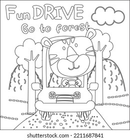 Ilustración vectorial del tigre divertido que conduce el auto blanco. Diseño infantil para niños animan libros o páginas coloreadas.