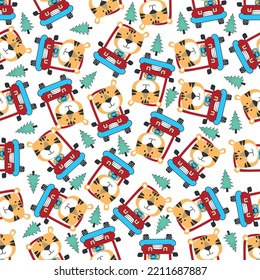 Vector illustration of funy tiger driving the red car. Can be used for t-shirt print, Creative vector childish background for fabric textile, nursery wallpaper and other decoration.