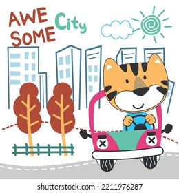 Vector illustration of funy tiger driving the red car. Funny background cartoon style for kids. Little adventure with animals on the road for nursery design, cartoon tshirt art design.
