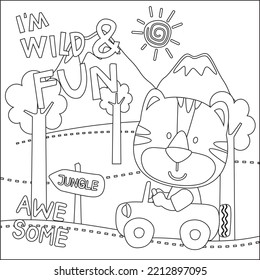 Vector illustration of funy tiger driving the white car. Childish design for kids activity colouring book or page.