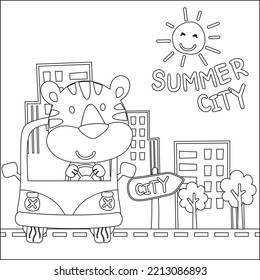 Vector illustration of funy tiger driving the white car. Childish design for kids activity colouring book or page.
