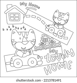 Ilustración vectorial del tigre divertido que conduce el auto blanco. Diseño infantil para niños animan libros o páginas coloreadas.