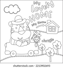 Vector illustration of funy tiger driving the white car. Childish design for kids activity colouring book or page.