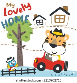 Vector illustration of funy tiger driving the red car. Funny background cartoon style for kids. Little adventure with animals on the road for nursery design, cartoon tshirt art design.
