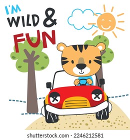 Vector illustration of funy tiger driving the red car. Funny background cartoon style for kids. Little adventure with animals on the road for nursery design, cartoon tshirt art design.