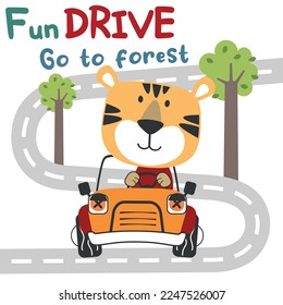 Vector illustration of funy tiger driving the red car. Funny background cartoon style for kids. Little adventure with animals on the road for nursery design, cartoon tshirt art design.