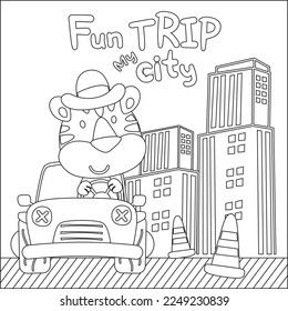 Vektorgrafik des lustigen Tigers, der das weiße Auto fährt. Kinderdesign für Kinder Aktivität Farbbuch oder Seite.