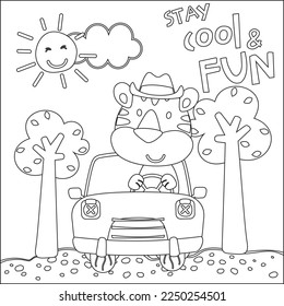 Vector illustration of funy tiger driving the white car. Childish design for kids activity colouring book or page.