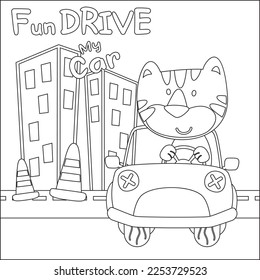 Vector illustration of funy tiger driving the white car. Childish design for kids activity colouring book or page.