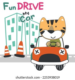 Vector illustration of funy tiger driving the red car. Funny background cartoon style for kids. Little adventure with animals on the road for nursery design, cartoon tshirt art design.