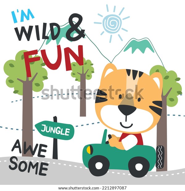 Vector\
illustration of funy tiger driving the green car. Funny background\
cartoon style for kids. Little adventure with animals on the road\
for nursery design, cartoon tshirt art\
design.