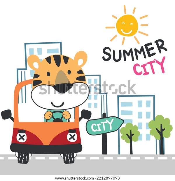Vector\
illustration of funy tigerr driving the red car. Funny background\
cartoon style for kids. Little adventure with animals on the road\
for nursery design, cartoon tshirt art\
design.