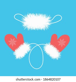Vector illustration. Fur mittens and a mask for protection in winter. Winter set of personal protective equipment.