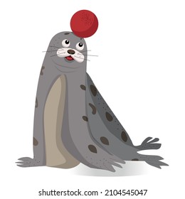 Vector illustration of fur seal with ball on head. Funny character, isolated, for circus, zoo, cartoon style