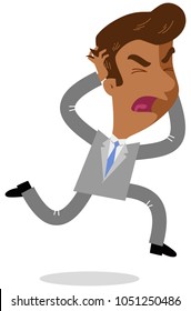 Vector illustration of a furious asian cartoon businessman running and tearing his hair screaming isolated on white background