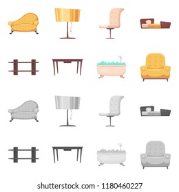 Vector illustration of furniture and apartment sign. Set of furniture and home stock symbol for web.