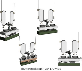 vector illustration of furniture design of vanity table washbasin shelf with mirror glass
