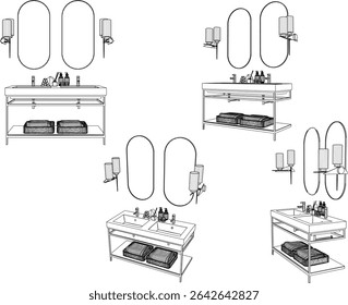 vector illustration of furniture design of vanity table washbasin shelf with mirror glass