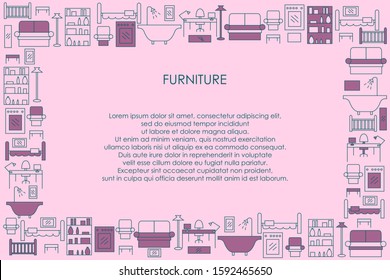 Vector illustration of furniture icons frame for interior design studio, web design, decoration, advertisement, flyer, price list, print shop, label or logo. Line art drawing on pink background.