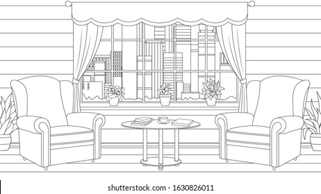 Vector illustration, furniture interior design in the apartment, coloring book.