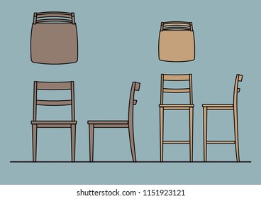 Vector Illustration of furniture symbols Chair Top,Front,Side view used in architecture presentation