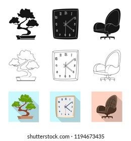 Vector illustration of furniture and work symbol. Set of furniture and home stock symbol for web.