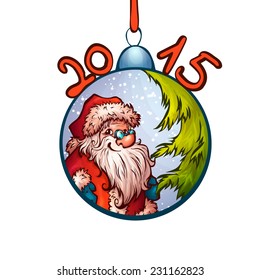 Vector illustration of fur-tree toy with funny Santa Claus.