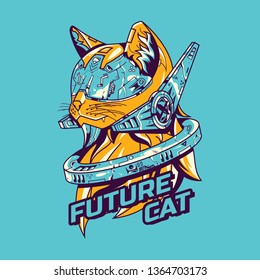 Vector illustration. Future cat in blue background. For t-shirt design, poster, sticker.