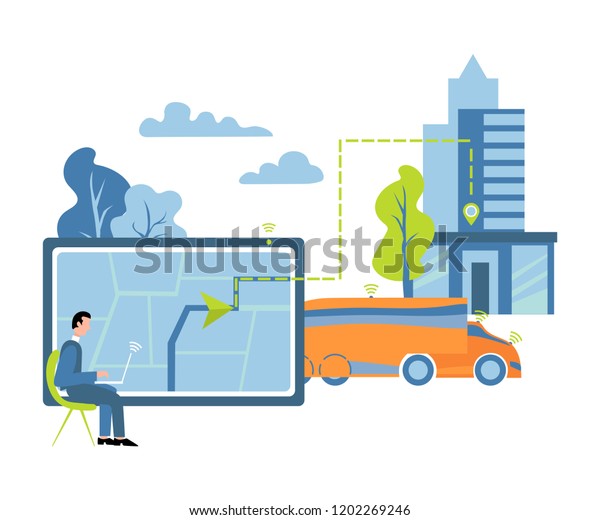 Vector illustration, future concept of innovation\
transportation of goods. Man drives a self-propelled truck.\
Autonomous truck.