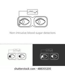 Vector illustration of future medicine trend. Medical gadgets and technological innovations. Thin line concept icon. Non-intrusive blood-sugar detector in VR-glasses.