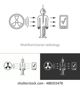 Vector illustration of future medicine trend. Medical gadgets and technological innovations. Thin line concept icon. Multifunctional radiology and full-body screening to prevent diseases.
