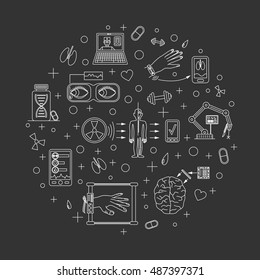 Vector illustration of future medicine trends. Medical gadgets and technological innovations. Thin line icons set of concept art. Dark (black) background. Round shape align.